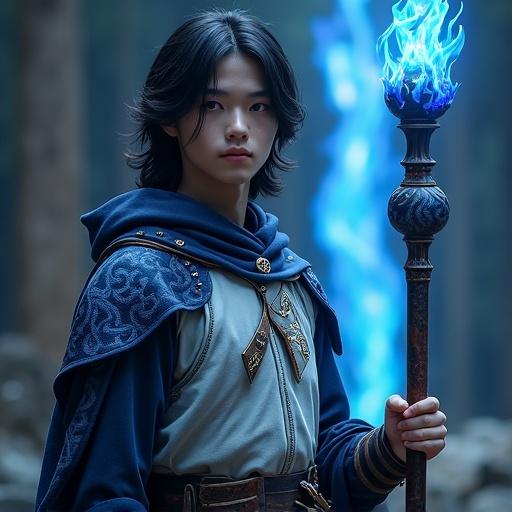 A young man stands calmly with determined eyes. He wears light armor called Guardia Blue with a silver chest plate and robe embroidered with azure flames. A cloak with navy lining drapes over his shoulders. He holds a tall staff named Rumble Flare with blue orbs and a leather grip. Ethereal blue flames swirl around the staff. The background shows a dim forest or ancient ruins with a pillar of blue flames behind him.