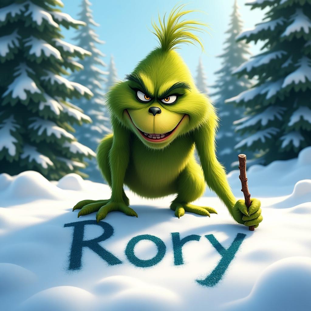 Grinch character writing Rory in snow with a stick. Wintry background with evergreen trees and bright sunny lighting. Grinch appears playful and mischievous.