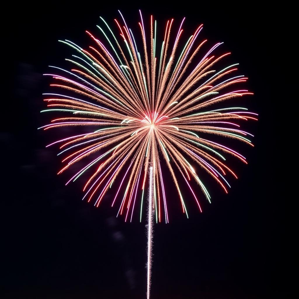 Vibrant multi-colored firework explodes in night sky. Bright colors like red blue yellow green purple light dark backdrop. Symmetrical arrangement captures attention. Evokes joy and excitement for celebrations. Ideal for promoting events or holiday festivities.