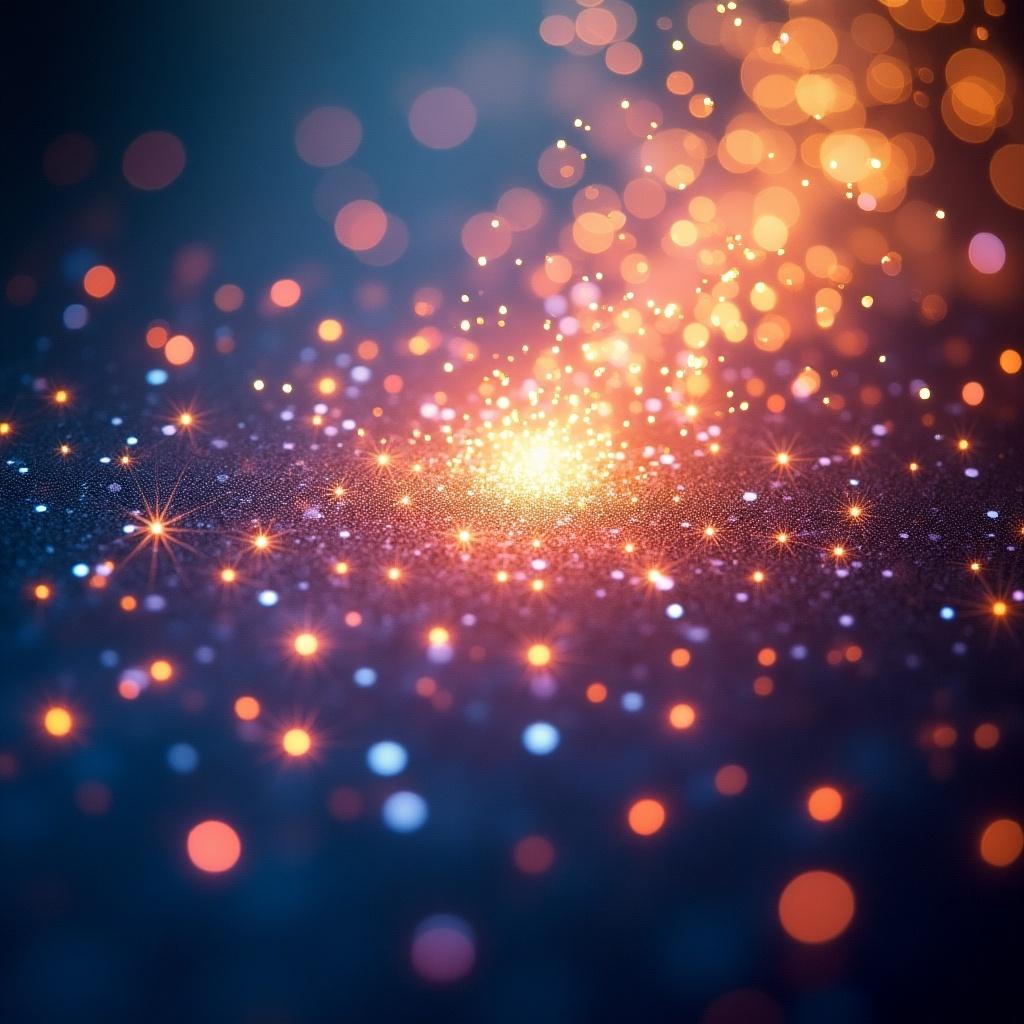 Abstract image featuring bright sparkles against a dark background. Colors include orange and blue tones. The composition evokes a dreamy and magical atmosphere with soft lighting.