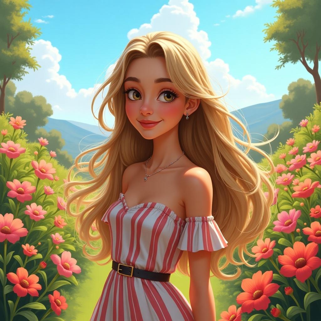 The image features a young woman with long blonde hair standing in a vibrant flower field. She is wearing a stylish off-the-shoulder striped dress, exuding confidence and charm. The bright flowers around her, combined with a picturesque landscape in the background, enhance the joyful, summery vibe. The soft lighting accentuates her warm smile. This scene captures the essence of beauty and nature intertwined, creating an inviting and picturesque atmosphere.