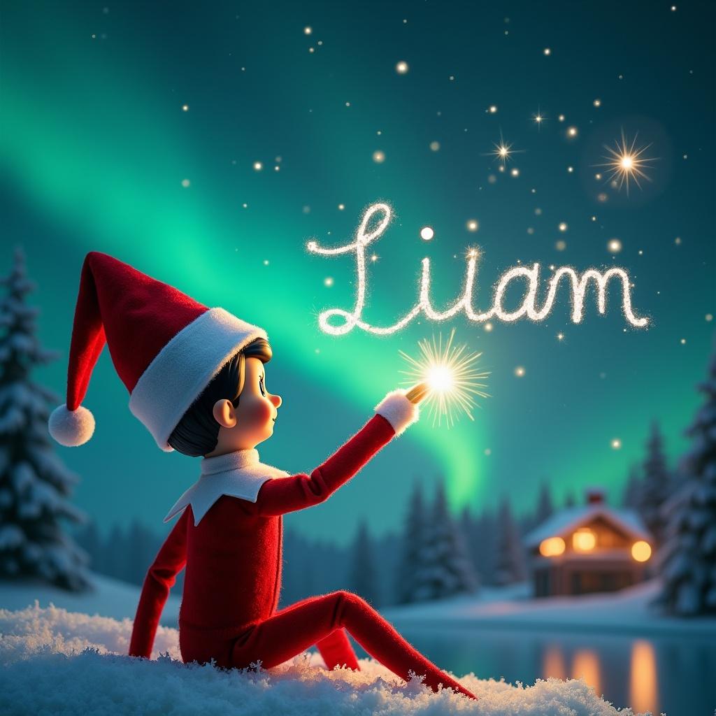 An elf on the shelf is seated on a snowy ground, with his back facing the viewer as he gazes upward. He holds a shimmering magic wand, enchanting the night sky. Above him, the name 'Liam' is written in elegant, sparkling letters amidst a backdrop of vibrant northern lights. The scene is magical, embodying the essence of Christmas, with soft snow covering the landscape and a cozy cabin visible in the background. The entire atmosphere radiates warmth and festive spirit that captures the joy of the holiday season.