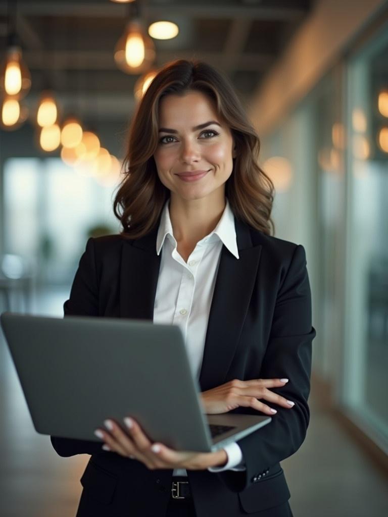 Image of a woman in a professional suit using a laptop in a modern office. She stands confidently. Background shows blurred office lights.