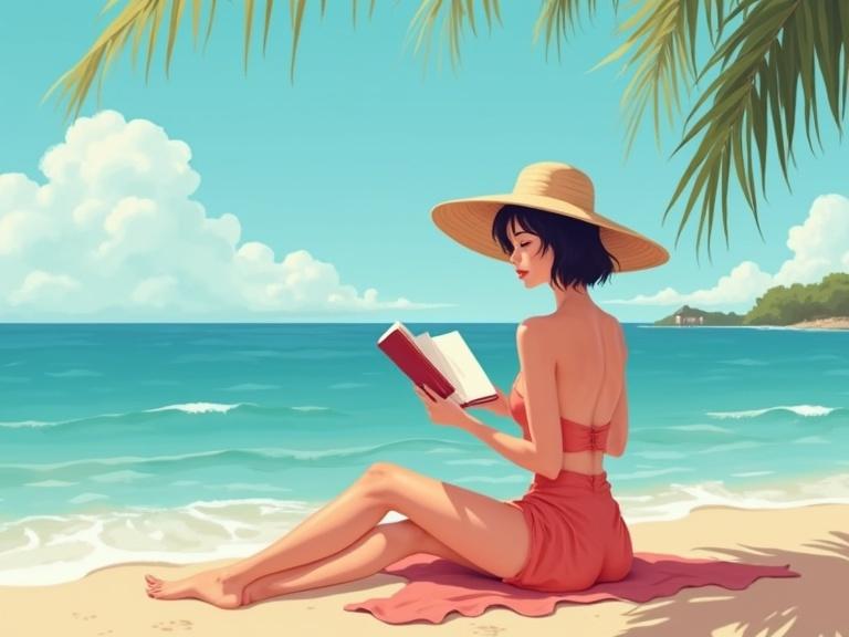 A woman sits on the beach reading a book. She wears a straw hat and a swimsuit. The ocean is visible in the background. Palm trees are nearby. Bright, sunny day.
