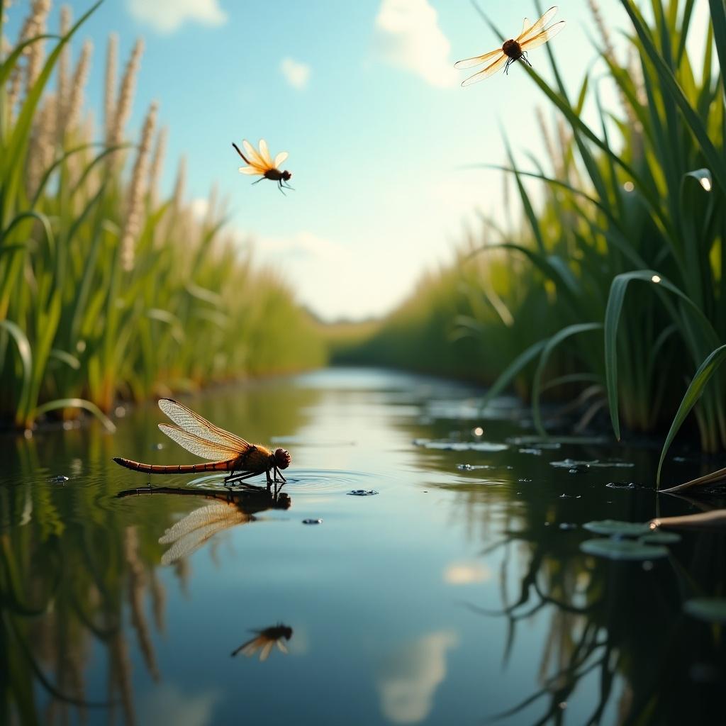 Pond surrounded by reeds. Dragonflies flying and resting on the water. Low angle view.