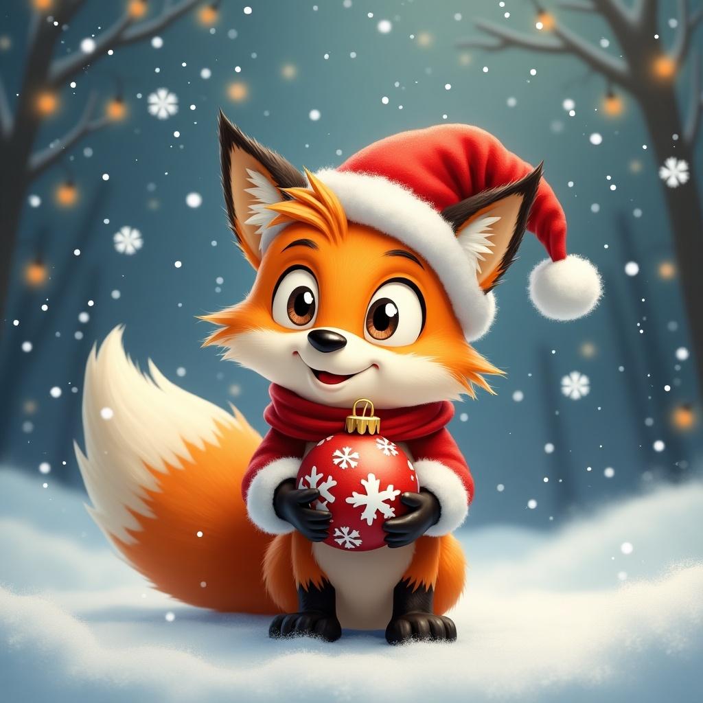 Fox in a Christmas theme. Fox wearing a Santa hat. Fox holding a red and white bauble. Winter background with snowflakes and lights.