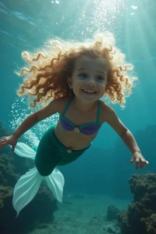 A young girl with curly hair swimming joyfully underwater. She resembles a mermaid with a green tail and purple top. Bubbles surround her in a vibrant ocean setting.