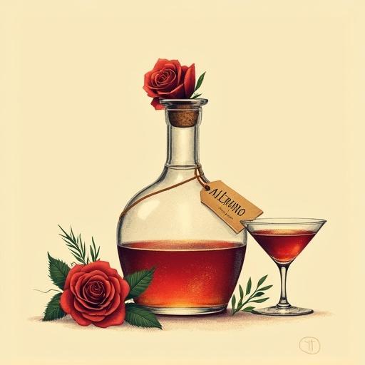 Minimalist screen printing artwork of two flapper girls in mid-thirties. One flower behind ear. Each holds cocktail glass at chest level, inviting pose. Lower apothecary bottle radiates golden-reddish glow with cork lid. Elegant tag shows 'ALFRUNO'. Two identical glasses with liquid beside it. Surrounding roses and green herbs. Beige background. Mysterious elegant mood. Bold minimalist strokes, golden ratio composition.