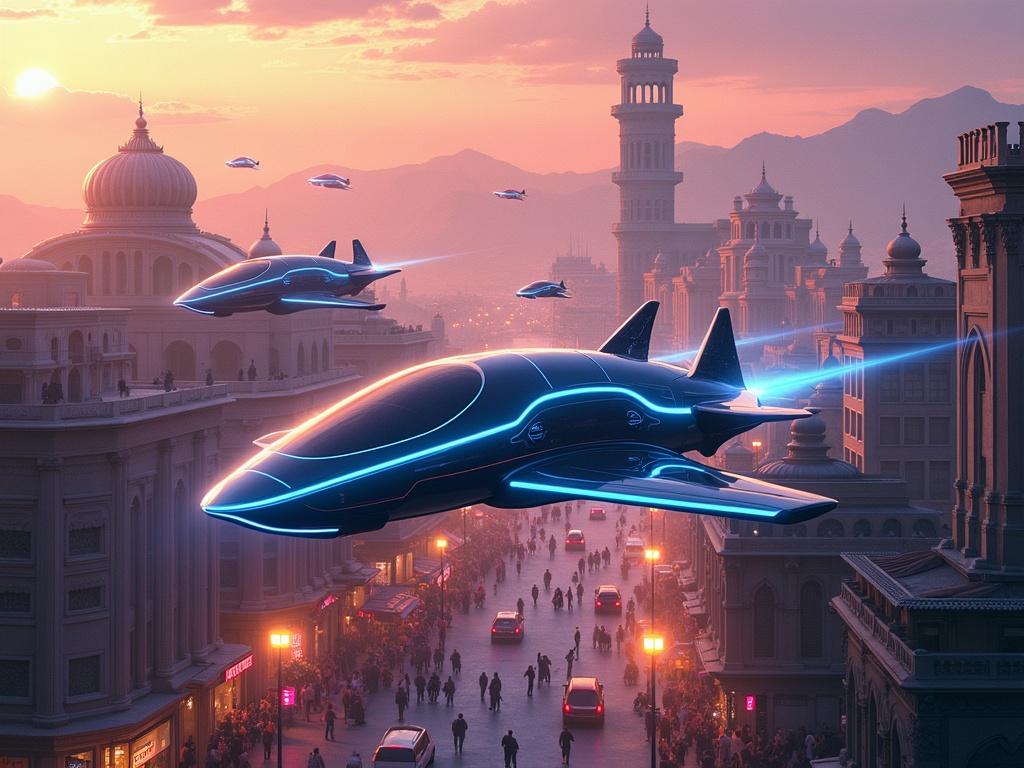 Futuristic digital illustration of flying cars above Tehran. Vibrant blend of advanced technology and Persian architecture. Iconic landmarks like Milad Tower and Alborz Mountains visible. Futuristic flying cars with glowing accents hover between modern high-rises and historic buildings. Elements like neon lights and holographic traffic signs present in twilight sky with warm hues. Contrast between busy streets below and high-tech vehicles above creates a futuristic vision of Tehran.