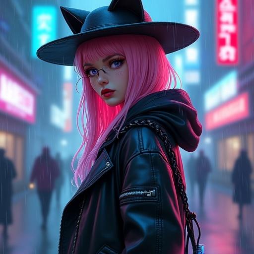 A female warrior character in cyberpunk style. Pink hair with black hat featuring cat ears. Leather jacket that falls off one shoulder. Gothic boots with fishnets. Futuristic cityscape background with neon signs. Character looks cute and realistic with round glasses. Hands with painted black nails. Red lipstick. Cybernetic tattoos on right leg. Glowing glaive on back. Rainy atmosphere. Long hair with red tips, passing shoulders.