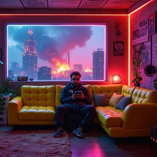 A person relaxing on bright yellow couch in a futuristic gaming room. Playing video games on a PlayStation 5. Cozy interior with neon lights. Outside view shows a burning building. Detailed room decor includes advanced electronic gadgets.