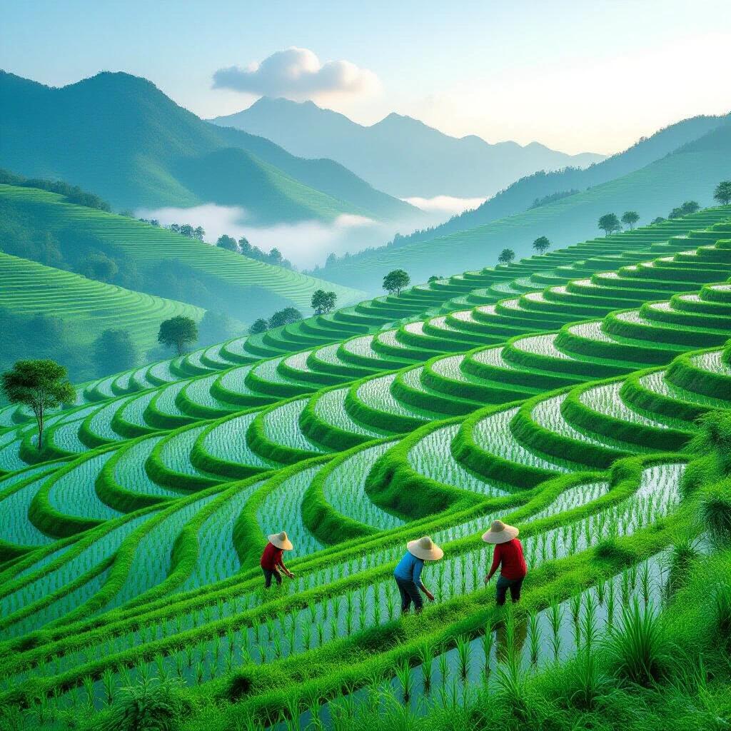 Beautiful rice terrace landscape with layers of green like waves. Distant mountains and misty sky. Farmers working harmoniously in the fields. Blue sky contrasting with vibrant green. Peaceful and hopeful rural life. Story of harmony between humans and nature.