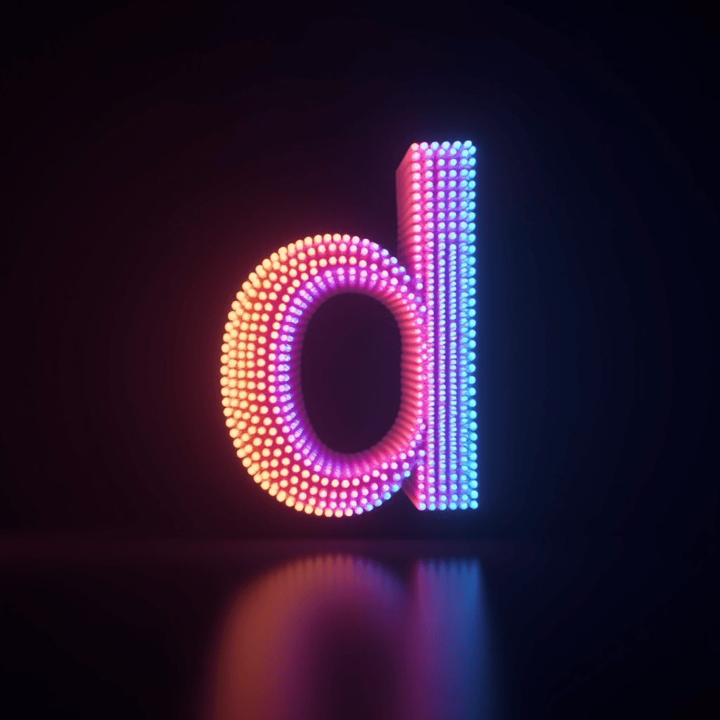 A letter 'd' composed of vibrant, glowing dots in a dark, reflective environment.