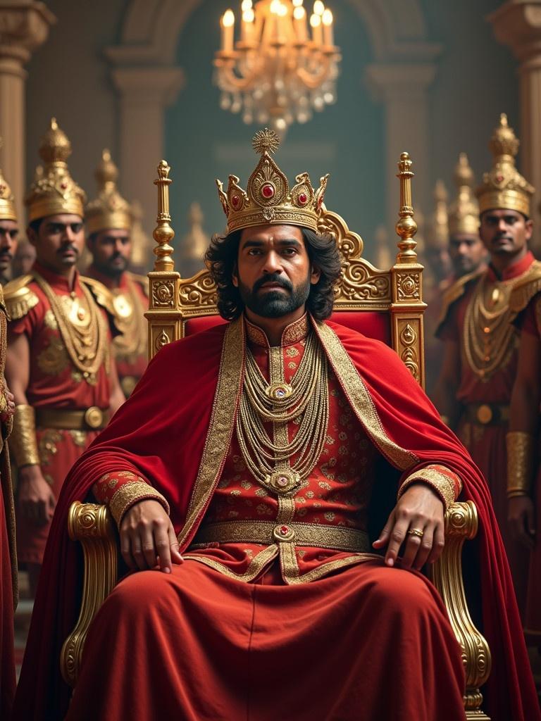 Majestic royal court representation. King Veerendra sitting on an ornate golden throne. Adorned with elaborate royal attire. Flowing velvet cape enhances his appearance. Crown set upon his head. Serious gaze reflecting authority. Ministers and soldiers positioning themselves nearby. Hall characterized by detailed stone carvings and stunning golden chandeliers.