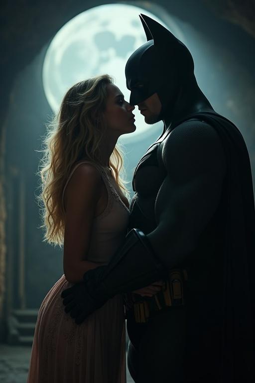 A movie poster shows a young blonde woman seemingly abducted by Batman in his bat cave. They are falling in love. The setting features dramatic moonlight and a close-up of their kiss.