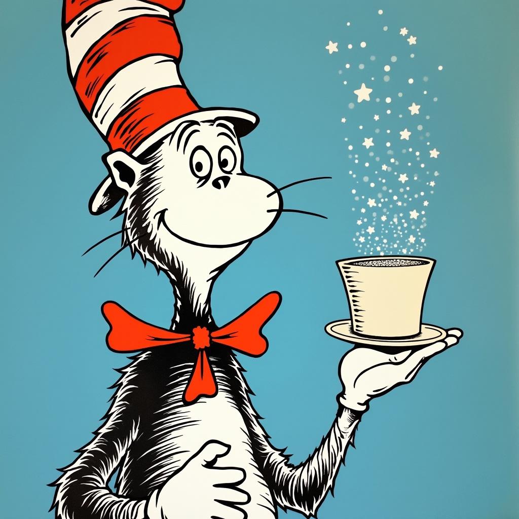 Illustration of a cat in a tall red and white striped hat. Cat holds a magic hat while smiling. Bright blue background enhances whimsical feel. Art style is playful and vibrant. Suitable for children's material.