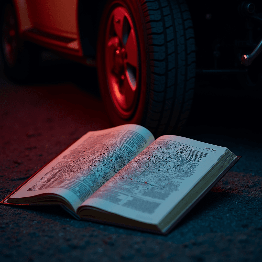 A book with detailed maps is illuminated by the red glow of a car’s headlights at night.