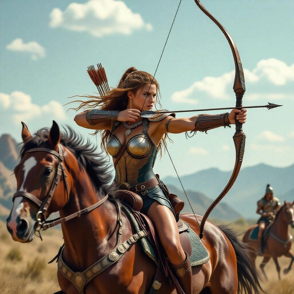 Warrior girl with bow on horseback in combat scene. She is riding a brown horse in a desert-like landscape. The girl wears armor and has long hair. Action-packed atmosphere with a focus on archery.