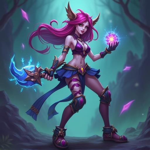 A character from a fantasy game with bright pink hair and magical abilities. She wears a revealing outfit and holds a glowing orb with a confident stance. Background features mystical forest elements with a magical ambiance.