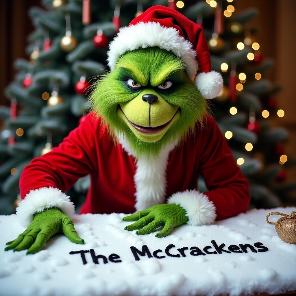 Hyper-realistic photo of Grinch in Santa suit. Grinch smirks while holding a bag. In front of snow-covered table, he writes 'The McCrackens' in snow. Behind, decorated Christmas tree.