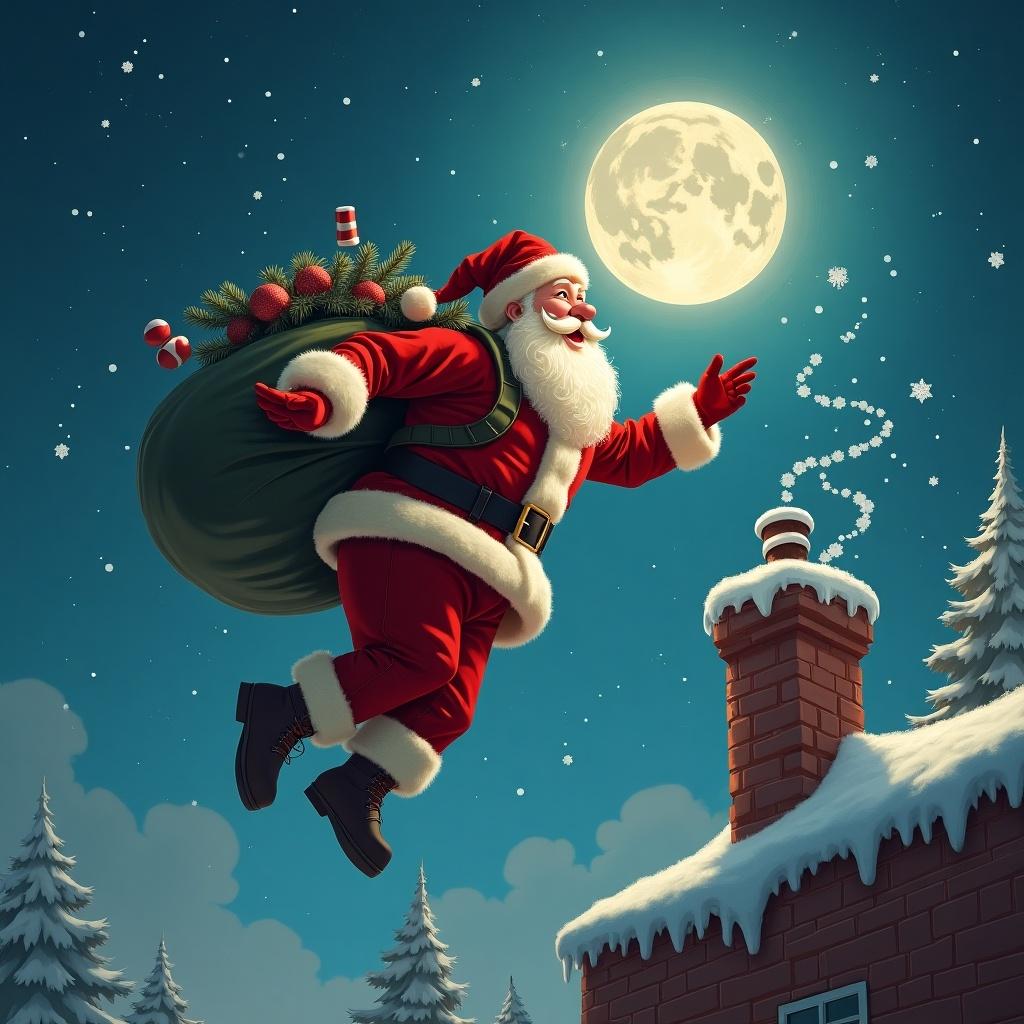 Santa Claus parachuting with a sack of gifts. Moon in the night sky. Trees in the background.