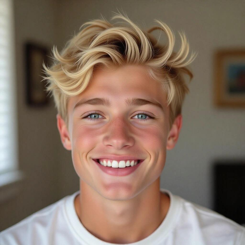 Portrait of a young boy with blonde hair and blue eyes smiling. Soft natural lighting illuminates the boy's features. He has a playful, mischievous smile, embodying a sense of warmth and charm.