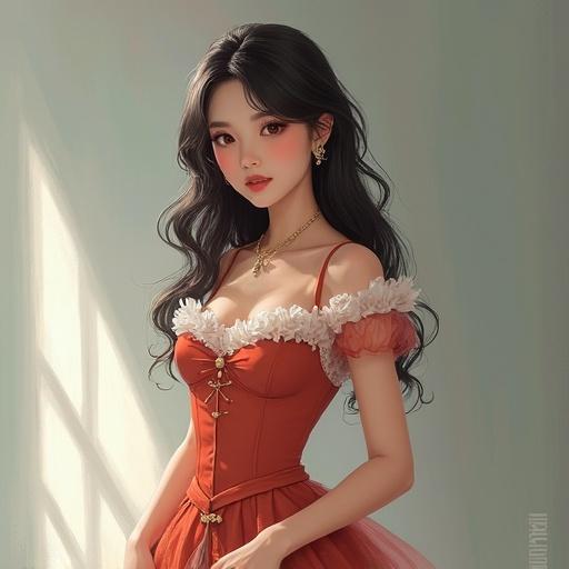 A photorealistic depiction of a girl wearing a beautiful red dress. The dress has decorative details. Soft lighting enhances the soft features of the girl. The overall atmosphere is elegant and artistic.