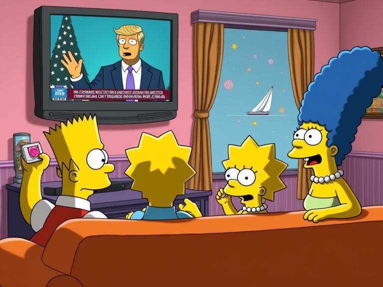 The Simpson family sits on their iconic orange couch watching TV. A news segment plays on Springfield 24/7. Homer joyfully jumps mid-bite of his pink donut. Marge smiles holding her pearls. Bart captures the moment with a smartphone. Lisa takes notes for a possible protest. Maggie remains calm sucking her pacifier. Background features a sailboat painting. The TV casts a warm glow in the room.
