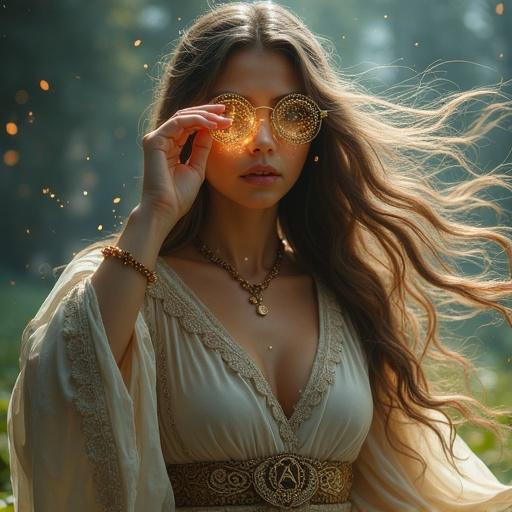 Portrait of a goddess in mid-motion. She lifts glasses with her hand. Her eyes glow with magical energy. Arcane runes swirl around her. Hair and robes flow with the wind. Light surrounds her. Celestial symbols float nearby. Energy streams from her eyes. Cinematic lighting enhances the scene. She looks powerful and serene. Fantasy mythology style. Magical atmosphere is emphasized.