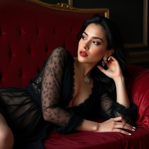 A glamorous AI woman reclines on a velvet bed. She wears a sheer black lace robe. Soft lighting sets a hot expression. The image reflects cinematic boudoir style with moody tones. She has delicate jewelry and glossy lips.