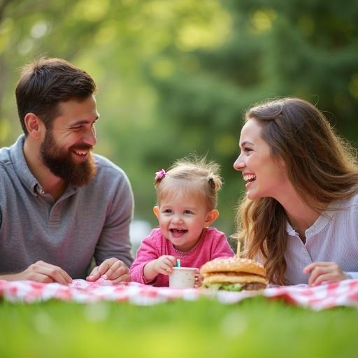 Realistic photograph of a family enjoying a picnic in a park. They are smiling and laughing. The scene captures joy and togetherness.