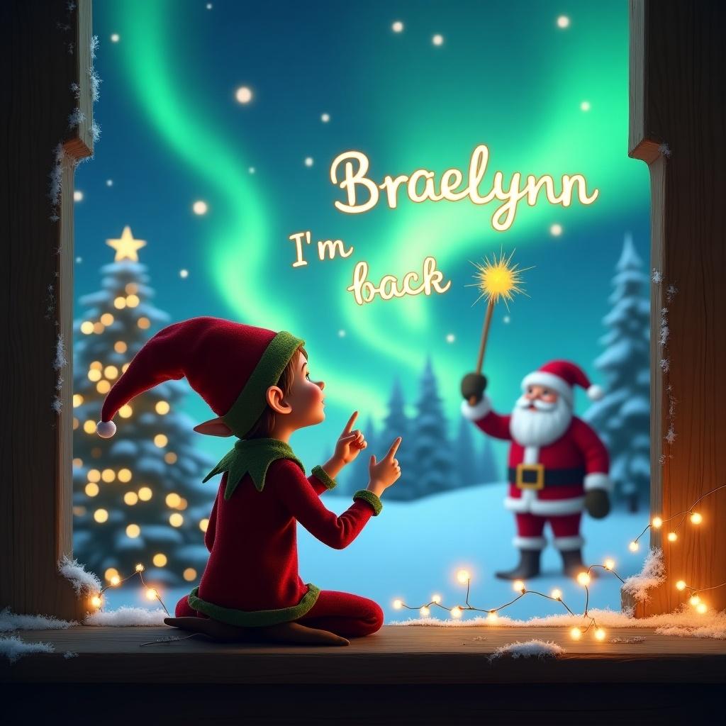 The image depicts a charming Christmas scene with an elf on the shelf facing the viewer, writing 'Braelynn I’m back' in the night sky using a magical wand. In the background, Santa Claus stands cheerfully amidst a beautifully illuminated Christmas landscape featuring enchanting northern lights. The window frame is adorned with twinkling fairy lights and snow, creating a warm and festive atmosphere. The colors are vibrant and evoke the spirit of the holiday season. This illustration captures the excitement and magic of Christmas, especially for children waiting for Santa's arrival.