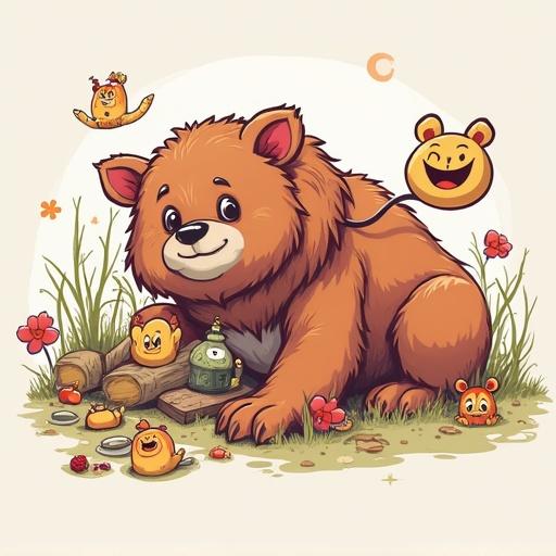 A charming brown bear with a friendly smile sits in a grassy area with colorful flowers. Surrounding the bear are cute cartoonish characters including a small yellow creature and a green robot. The bear is cheerful and playful, capturing a whimsical atmosphere.