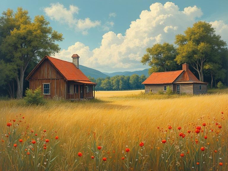 Landscape featuring two rustic houses beside a golden field with poppies. Bright blue sky with white clouds. Lush greenery in the background. Ideal for nature lovers and art enthusiasts.