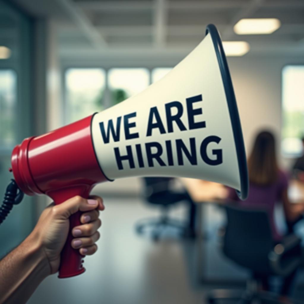 Professional stock photo of a megaphone. The megaphone displays the message 'WE ARE HIRING!' like a sound wave. Blurred figures in an office are visible in the background.