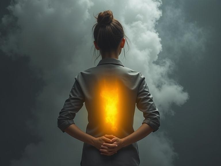 A woman in a gray blouse stands with her back facing the viewer. Her lower back glows with bright yellow light. Gray smoke rises upwards from this glowing area.