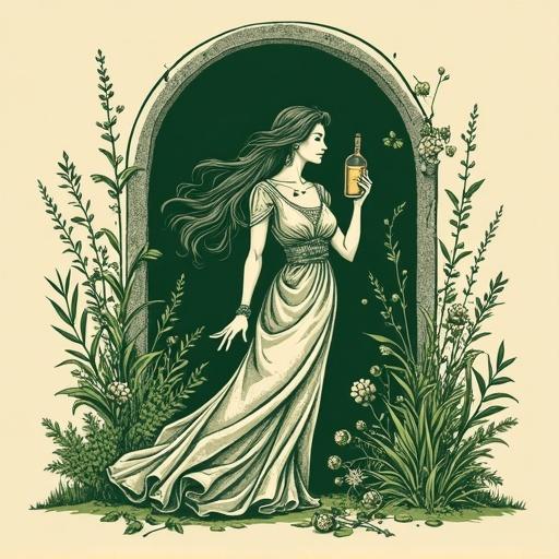 Portal leading to an alchemist distillery featuring a copper still. Minimalistic linocut artwork showcasing a woman in a gown holding a liqueur bottle. Rich forest-green shades against a beige backdrop. Surrounded by floral patterns and herbs. Adorned with the phrase 'Genuss aus dem Garten der Natur - wild und besonders' and 'ALFRUNO' in stylish typography. Evokes fantasy and nostalgia connected to nature.
