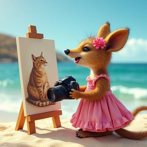 Scene with a quokka painting a cat on the beach. Quokka is female wearing a pink dress. Red lipstick and flower in hair. Nikon camera present. Background shows sand and waves with a clear sky.