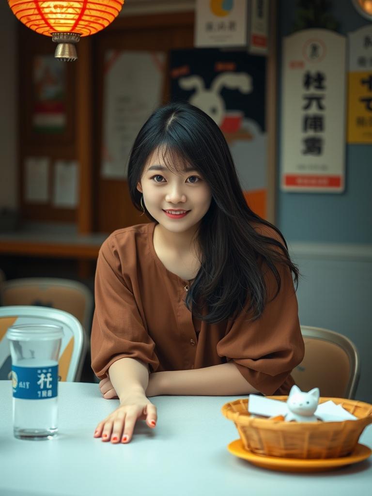 A young woman sits at a table in a cozy indoor cafe, illuminated by the soft glow of an overhead lantern. She is wearing a brown top that blends harmoniously with the warm ambiance of the setting. The table in front of her has a glass and a small basket containing a ceramic cat decoration, adding a touch of charm to the scene.