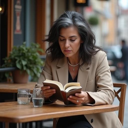Realistic image of a woman sitting at a café table outside, reading a book. Woman is in her 40s, has dark hair with a strand of white hair.