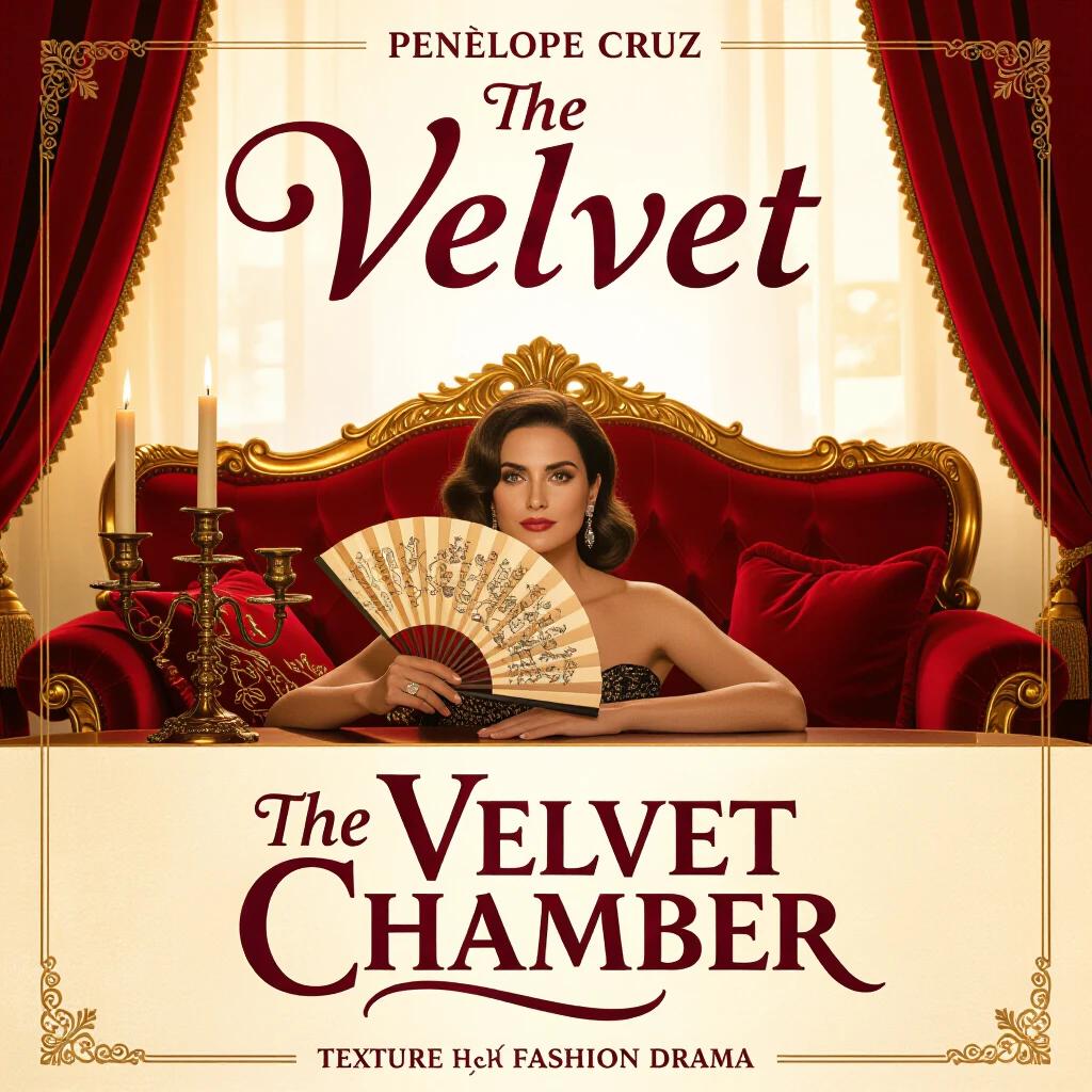 Movie poster for THE VELVET CHAMBER. Title in lush cursive font with baroque ribbon design. Penélope Cruz lounges in opulent red room. Eye peeking from behind fan. Golden candlelight illuminates velvet surroundings. High-resolution visual for a fashion drama.