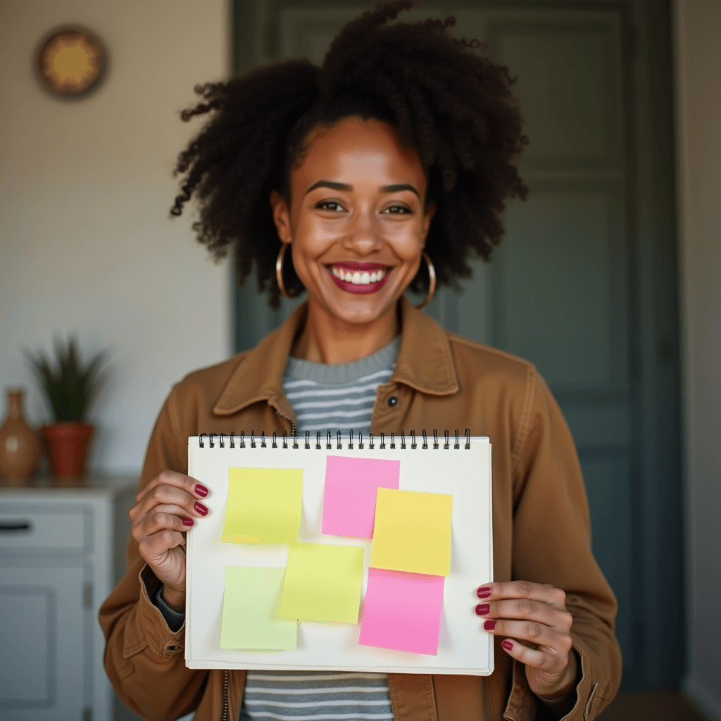 A smiling person holds a notebook with colorful sticky notes.