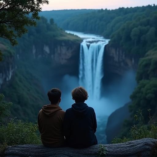 A teenage couple sits on a log overlooking a majestic waterfall from a cliff. They face the waterfall with their backs to the camera. It is nighttime with soft ambient light illuminating the scene.