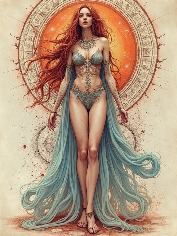 Full body view of a futuristic Lady Godiva. Astral space style portrait on luminous parchment. Sacred geometry elements in background. Detailed and vibrant with whimsical touch. Ink sketch and watercolor effect.