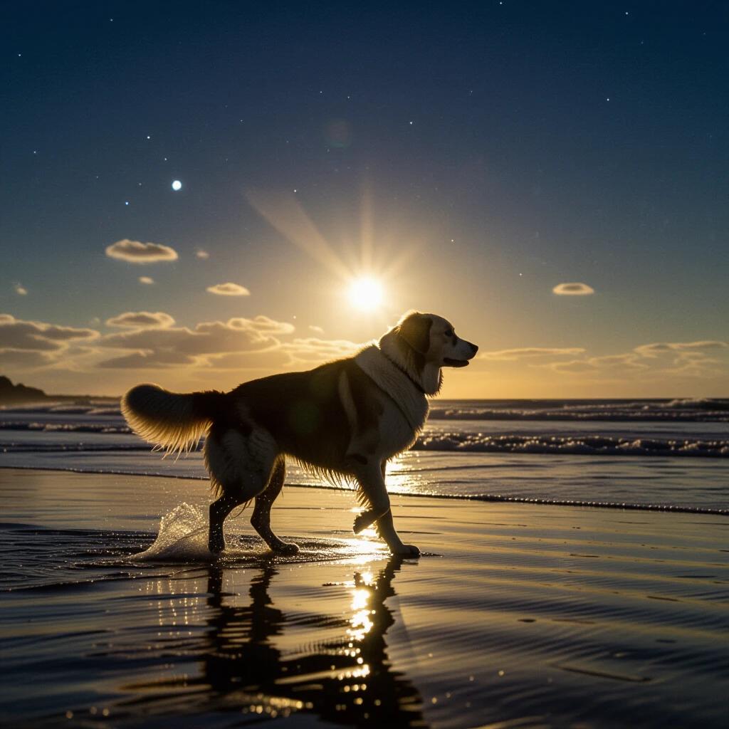 A dog walking on two legs on the beach at night with a sunset in the background.