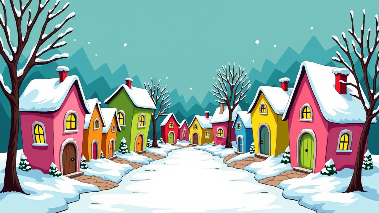 Cartoon style whimsical winter village scene. Features bright pink, lime green, yellow, blue houses. Snow covers roofs and ground. Trees with no leaves in winter.