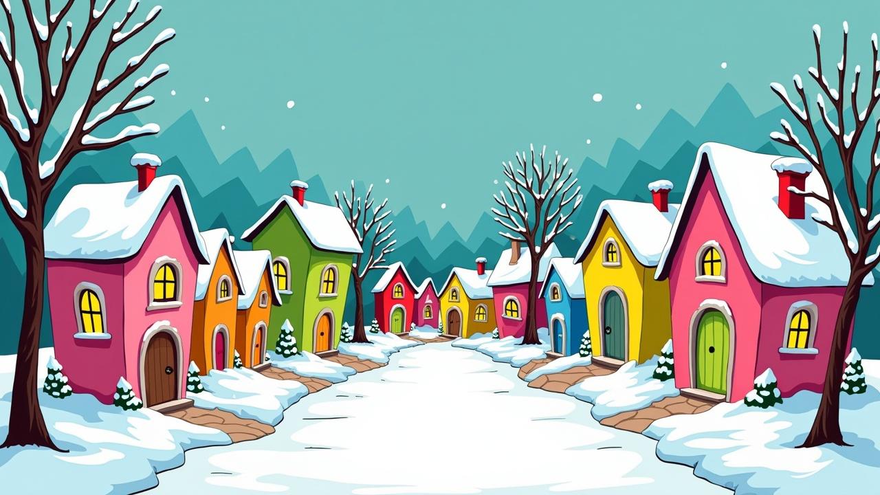 Cartoon style whimsical winter village scene. Features bright pink, lime green, yellow, blue houses. Snow covers roofs and ground. Trees with no leaves in winter.