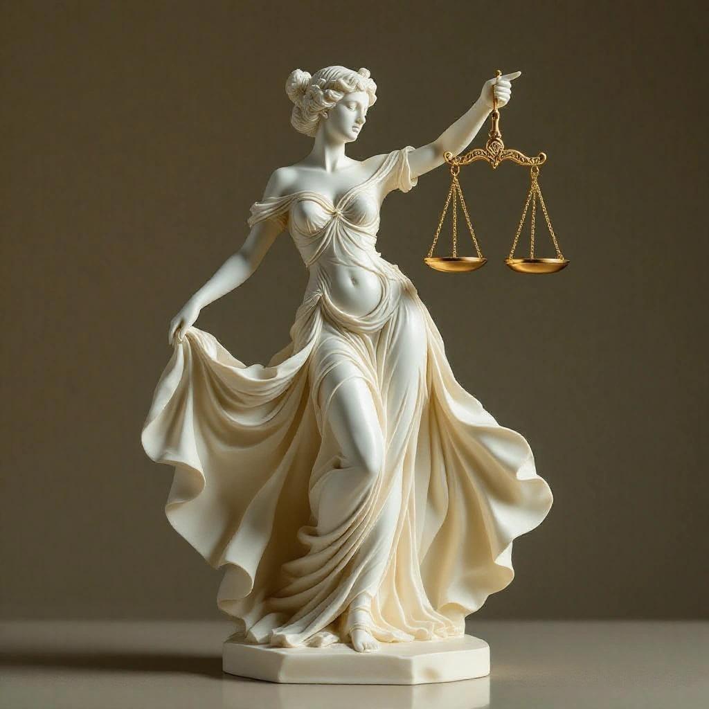 Resin sculpture depicts a goddess showing Libra sign. Woman with large breasts stands firm on one foot. She wears an ethereal gown with a wide train. Holds decorative scales and a ceremonial sword. Mythological fantasy with refined details. Hair styled elegantly with a tiara.