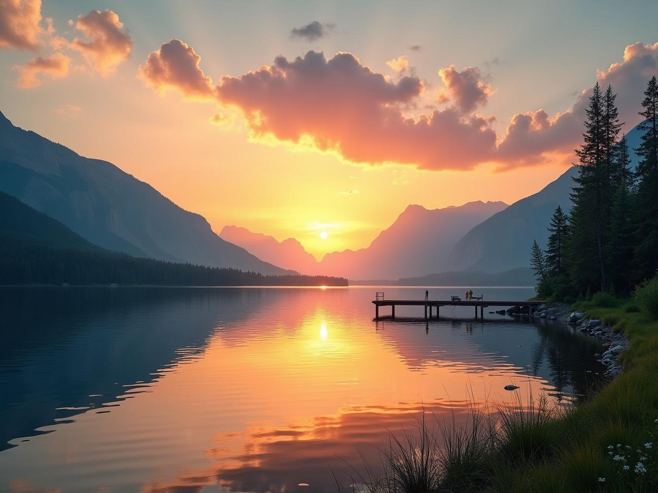 The image depicts a serene landscape featuring a tranquil lake at sunset. The sun sets behind majestic mountains, casting warm peach and yellow hues across the sky. The water reflects the stunning colors, creating a mirror-like effect. Wisps of clouds catch the sunset light, adding depth to the scene. Lush greenery frames the shoreline, enhancing the peaceful ambiance of the environment. There is a dock coming off the shore for fishing.