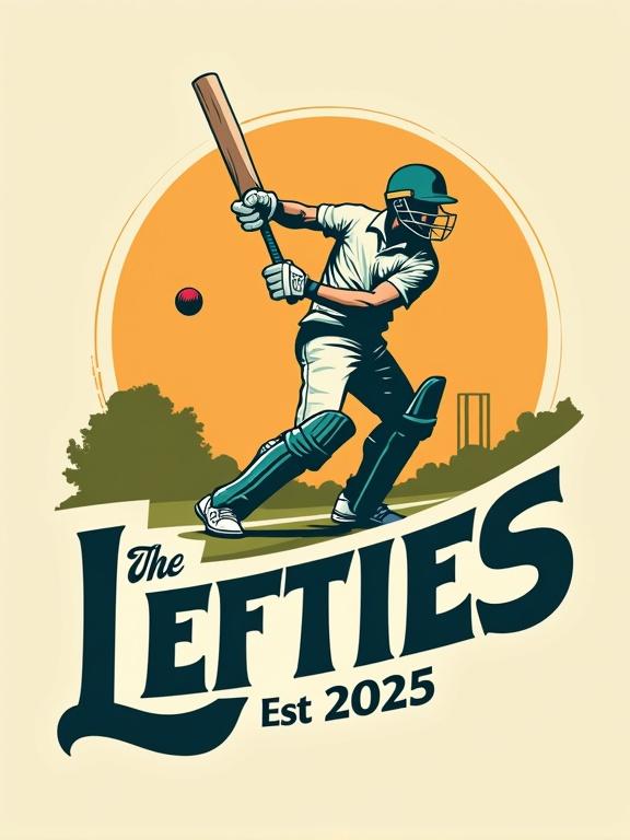 Stylized logo for cricket team The Lefties established in 2025. Warm sunny background with illustration of cricket player mid-swing. Subtle cricket stadium visible. Logo features bold modern sans-serif font with vintage flair. Text The Lefties and Est. 2025 in curved lines. Earthy tones olive green, terracotta, creamy whites, deep blues, golds.